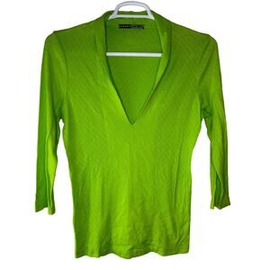 VTG Y2K Fibers Barbara Lesser Women's Medium Lime Green Top V Neck Collared Brat